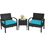 Tangkula 3 Piece Patio Conversation Set, Outdoor Rattan Sofa Set with Seat Cushions & Coffee Table, Patio Wicker Furniture Set for Garden Balcony Backyard Poolside (Turquoise)