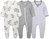 O2 BABY Baby Boys Girls Organic Cotton Zip Front Sleeper Pajamas, Footed Sleep 'n Play（3-6 Months, Dragon & Strips & Grey Melange）