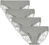 LIQQY Women's 4 Pack Low Rise Cotton Lace Coverage Bikini Panties Underwear (X-Large, Grey Heather/4Pk)