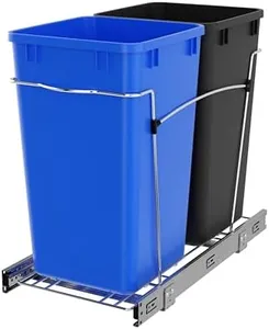 Rev-A-Shelf Pullout Trash Can for Under Kitchen Cabinets 27 Qt 12 Gallon Garbage Recyling Bin with Full Extension Slides, Blue/Black, RV-15KD-2218C-S