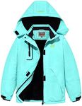 WULFUL Girl's Waterproof Ski Jacket Warm Fleece Hooded Winter Snow Coat, Light Blue, 14-16 Years