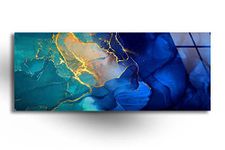 Myphotostation Gold Marble Art Tempered Glass Wall Art 12Wx23.5H''X5 Abstract Panoramic Wall Art Glass Printing Large Wall Art Tempered Glass Panel Blue Alcohol ink Wall Decor Fractal Art