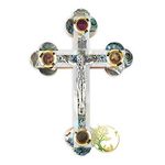 Olive wood unique elegant catholic Mother of pearl cross - Small Wooden cross - Wall Crucifix with Relics, flowers, stones, Leafs & incense made by Christian craftsmen from the Holy Land, Bethlehem (5.5" x 3.75")