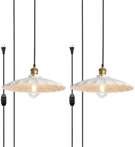 Oyisen Hanging Lamp Plug in White 15.7 Inch Metal Lampshade Pendant Light Adjustable 14Ft Cord Pendant Light Plug in Living Room Bedroom Farmhouse Industrial Hanging Lights 2Pack