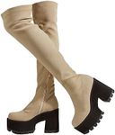 getmorebeauty Women Knee High Boots Chunky Heel Muffin Shoes Stretch Suede Round Toe Slip On Fashion Thigh High Boots, Beige, 9