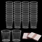 Volumoon 40pcs Small Measuring Cups, 30ml Plastic Mixing Cups with 50 Wooden Sticks, Graduated Plastic Cups, Transparent Scale Cups, Reusable Plastic Liquid Measuring Cups for Resin Paint Stain Epoxy