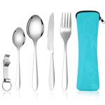 Vicloon 5PCS Camping Cutlery Set, Stainless Steel Flatware Camping Utensil Set with Portable Pouch Case, Outdoor Travel Picnic Office Lunch Cultery for Picnic School Knife Fork Spoon (Sky Blue)