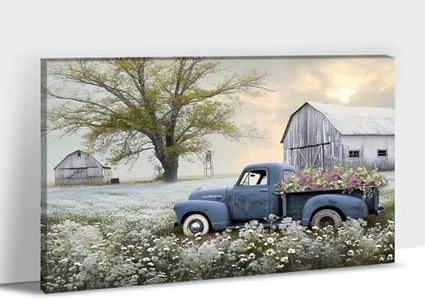 Farmhouse Old Truck Canvas Wall Art, Old Barn Pictures Wall Art, Country Antique Pickup Truck Canvas Prints, Blue Truck With White Floral Flower Art Prints for Farmhouse Spring Decor 12"Hx18"W Inches