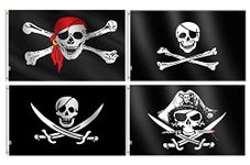 4Pack Set Pirate Flag Large 3x5 Ft, Moderate-Outdoor Both Sides 100D Polyester,Canvas Header and Double Stitched - Halloween Flags Jolly Roger Black Beard Pirates Red Scarf flags