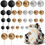 ASTARON 32 Pcs Ball Cake Topper Decorations Mini Balloons Cake Topper Sticks Foam Balls Cake Picks Cake Topper Balls Cake Decorations for Wedding Party Birthday Cake Decorations (Gold Silver Black)