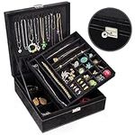 Belle Vous Black Jewellery Organiser Display Case Box with Stackable Drawer - Faux Deerskin Storage Tray with 30 Sections - Adjustable Storage Grids for Rings, Necklaces, Bracelets, Earrings & Watches