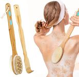 WLMALL Back Scrubber and Back Scratcher Set，Shower Brush for Exfoliating Skin and A Soft Scrub, Double-Sided Body Brush Head for Wet or Dry Brushing, Long Wooden Handle Cleans The Body Easily