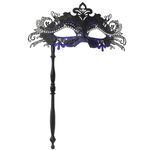 WILOVCOS Womens Masquerade Mask with Stick, Handheld Mardi Gras Mask,Venetian Party Masks (Blue & Black)