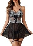 Avidlove Women Lingerie Dress Floral Embroidery Mesh Babydoll Lingerie for Women Sexy Sleepwear(Black&Silver, Small)