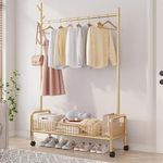 Lukzer MGR-001 1-Bottom Garment Rack & Cloth Stand – Metal Coat Stand with Wheels for Hanging Clothes & Bags | Single Rod Storage Organizer with Shelf & Mesh Design (173 x 90 x 35 cm, Gold)