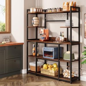 Tribesigns Kitchen Bakers Rack, 5-Tier Microwave Stand with Metal Frame, 55" Wide Kitchen Storage Shelf, Large Coffee Bar Station Baker's Rack with 11 Hooks, Rustic Brown