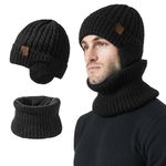 ULSTAR Winter Earflap Hat and Scarf for Women and Men, Warm Fleece-Lined Knit Hat and Neck Warmer Set Knitted Skull Cap (Black)