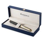 Waterman Exception Fountain Pen | Metal & Black Lacquer with Gold trim & Chiselled cap | 18K Gold Fine Nib | Blue Ink | Gift Box