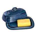 Hasense Porcelain Butter Dish with Lid, Covered Butter Container with Handle Design for Countertop, Blue