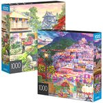 2-Pack of 1000-Piece Jigsaw Puzzles, Amalfi Coast & Japan Garden | Puzzles for Adults and Kids Ages 8+, Amazon Exclusive