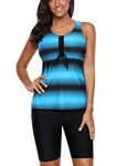 Bsubseach Blue Patchwork 2pcs Racerback Tankini Bathing Suits for Women Plus Size Swimwear Lace Up Swimsuits XXXL