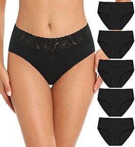 RHYFF Womens Underwear Cotton Bikini Panties Lace Soft Hipster Panty Ladies Stretch Full Briefs 5 Pack, Black-5 Pack, Large