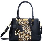 KKXIU 3 Zippered Compartments Purses and Handbags for Women Top Handle Satchel Shoulder Ladies Bags, Black Leopard, Medium