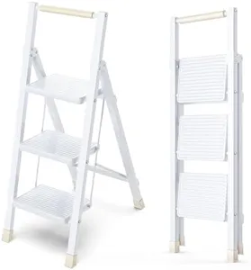 3 Step Ladder, Folding Step Stool with Wide Anti-Slip Pedal Sturdy Steel Ladder with Cushioned Handle for Adults Home (White)