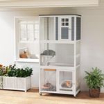 PawHut 74" H Wooden Catio Cat Enclosure, Indoor Outdoor Kitten House with Weatherproof Asphalt Roof & Brake Wheels, Resting Box, Luxury Kitten Condo Cage for 1-3 Cats, White