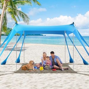Rhino Valley Beach Tent Sun Shelter, Beach Canopy Tent Sun Shade UPF50+ Protection with 8 Sandbags 4 Stability Poles, Outdoor Beach Shade Canopy for Beach, Camping, Fishing, Sky Blue