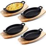 Mifoci Set of 4 Cast Iron Mini Oval Serving Dish Pans with Wooden Base 8oz Mini Cast Fajitas Iron Small Iron Skillet Dishes Black Little Pans Skillets for Baking Roasting (8.7 x 4.7 x 1.6 Inch)