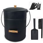 Poofzy Ash Bucket with Lid and Shovel, 4 Gallon Fireplace Bucket for Ashes, Metal Bucket Includes Hand Broom and Gloves for Fire Pit, Wood Burning Stove and Grill - 10" (ID) x 12" (H)