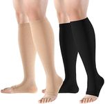 bropite Toeless Compression Socks for Women&Men-2 Pairs Open Toe Compression stocking Support 15-20mmhg Knee High Circulation, Black/Beige, XX-Large