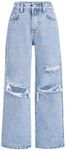 Jiquruby Girls Jeans Baggy Wide Leg Ripped Cute Elastic Waist Denim Pants Y2K Grunge Distressed Streetwear for Teen Girls 7-8