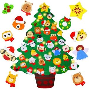 Felt Christmas Tree for Toddlers, 3.2ft Animal Theme Felt DIY Tree for Kids Wall with Lights + 33 Ornaments (Include 25 animals), Indoor Christmas Home Decoations Decor, Kids Xmas Activities Presents