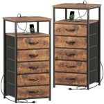 Huuger 5 Drawers Dresser with Charging Station, Set of 2, Dresser for Bedroom, Tall Night Stand, Chest of Drawers with Open Shelf, Bedside Table Nightstand, Fabric Dresser, Rustic Brown