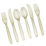 180 Gold Plastic Silverware Set | Glitter Gold Cutlery | Glitter Clear Plastic Cutlery Set | Disposable Silverware Flatware Set | 60 Gold Forks, 60 Gold Spoons, 60 Gold Knives | Fancy Party Utensils