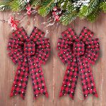 Threetols 2PCS Christmas Wreath Bows, Red Black Buffalo Plaid Bows for Wreath Farmhouse Bows for Front Door Winter Red Bows Christmas Snowflake Tree Bows for New Year Indoor Outdoor Xmas Decorations