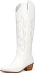 Cowboy Boots for Women Knee High Wide Calf Cowgirl Boots Embroidered Chunky Heels Pointed Toe Long Tall Western Boot Pull On (White, Size 7)