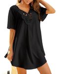 Ekouaer Bathing Suit Cover Up Women Summer Lace V-Neck Short Sleeve Beach Swimsuit Coverup Swimwear, Black L