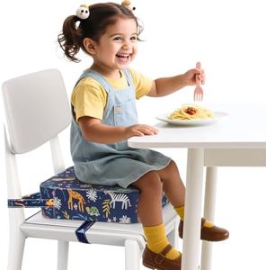Toddler Booster Seat for Dining Table and Kitchen Chair – Adjustable Safety Straps, PU Leather, Non-Slip, Easy to Clean, Portable Travel Foam Booster Cushion for Kids & Toddlers (Blue-Animals)