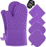 KEGOUU Oven Mitts and Pot Holders 6pcs Set, Kitchen Oven Glove High Heat Resistant 500 Degree Extra Long Oven Mitts and Potholder with Non-Slip Silicone Surface for Cooking (Purple)
