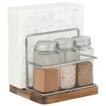 Housolution Napkin Holder with Salt and Pepper Holder, Metal Farmhouse Napkin and Salt and Pepper Holder with Wooden Base for Kitchen Table, Not Including Salt and Pepper Shakers, Silver