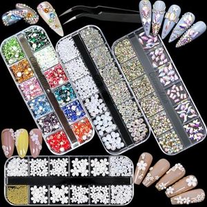 Careuoklab 4 Boxes Mixed Glass Crystals of Flatback Rhinestones Colorful 3D Nail Art Multi Colors Sizes Pearls Flower Stones Gems for Nails Crafts and DIY Decoration