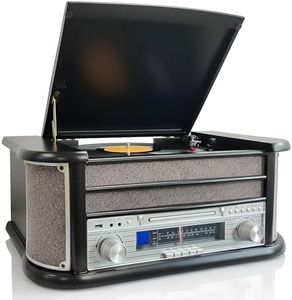 Denver 8-in-1 CD Bluetooth Cassette Player Retro Wooden Record Player HiFi System – 3 Speed Vinyl Turntable & Cassette With CD Player, FM/AM Radio, MP3 USB Recording, AUX IN And Line Out – MCR-50BT