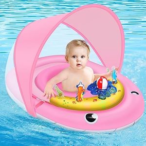 Baby Pool Float with Canopy UPF50+ Sun Protection, Baby Floats for Pool 6-12-24 Months Infant Toddler, Durable Baby Swim Float with Adjustable Seat and Toy Play Console - Pink