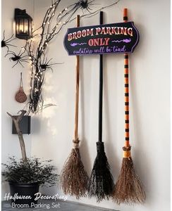 Halloween Decorations - Halloween Decor - Broom Parking Sign with 3 Wooden Witches Brooms - Cute Hocus Pocus Front Porch Wall Decor for Indoor Outdoor Home Office Party Decoration