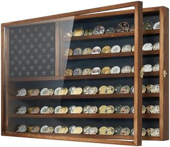 Challenge Coin Display Case, 27.6" x 18.3" Lockable Military Coin Holder Cabinet with Removable Star Board, Solid Wood Coins Cases for Collectors Plexiglass Coins Rack Stand