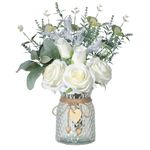 Floralsecret Faux Flowers with Vase Artificial White Rose Flowers in Vase Fake Eucalyptus Plant Floral Arrangement for Table Centerpieces, Home Kitchen Office Coffee Shop Decorations