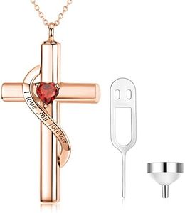 SOULMEET Custom 10k 14k 18k Rose Gold Cross Necklace for Ashes, Birthstone July Cross Urn Necklace for Ashes Keepsake Cremation Jewelry for Pet Human Ashes